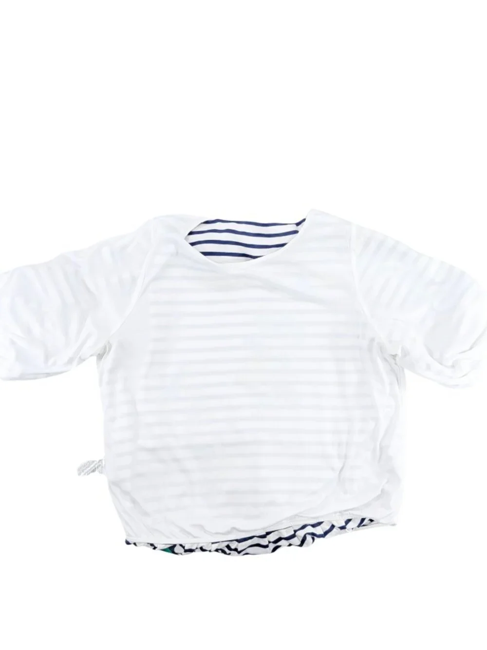Chico's 2 Large Navy White Stripe Floral Embroidered Lined 3/4 Sleeve Top